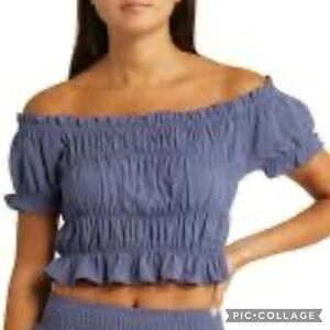BP Top Smocked Off the Shoulder Crop Blue M Stretch Short Sleeves Boho Peasant